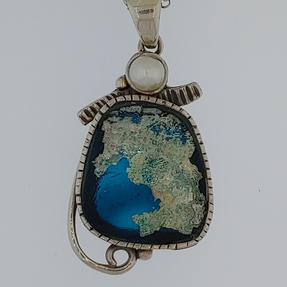 Steling Silver Roman Glass One of a Kind Necklace